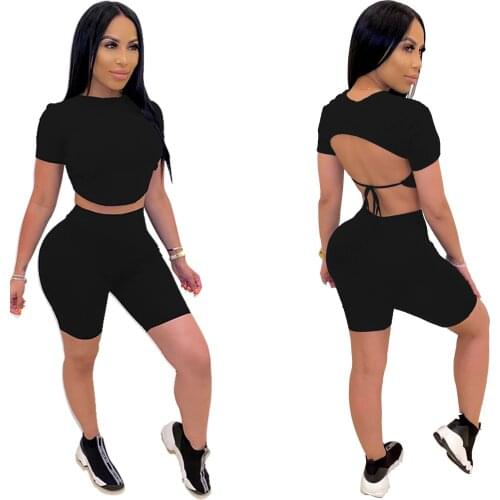 Casual Backless Women Two Piece Set Crop Tip + Pants Skinny Tracksuit Clothes For Women Outfits Sport Suit Solid 6 Color