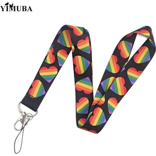 YIMUBA LGBT Rainbow Heart Webbing Keychain Lanyards for Keys ID Card Badge Holder Lesbian Gay Pride Straps Key Chain Couple Gift
