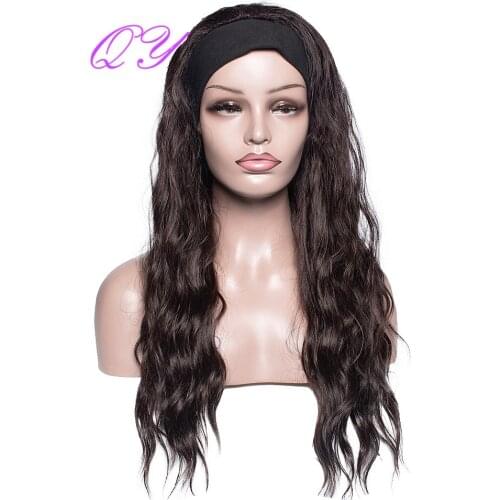 QY Hair Long Natural Wave Headband Wig Synthetic Wigs For Women Dark Brown Color Black Wrap Daily Ladies Wig