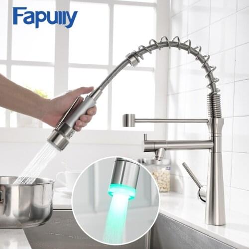 Fapully Spring Style Kitchen Faucet Brushed Nickel Pull Down Faucets 360 Degree Rotating Cold Hot Sink Tap Kitchen Mixer Crane
