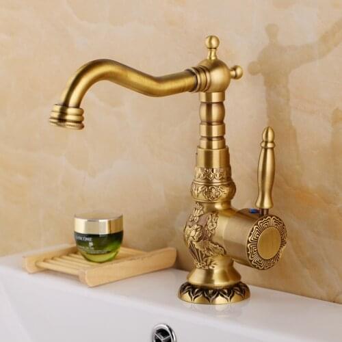 Bathroom faucet Antique Brass Deck Mounted Basin Water Faucet With Single Handle One Hot And Cold Water Carved Bathroom Faucets