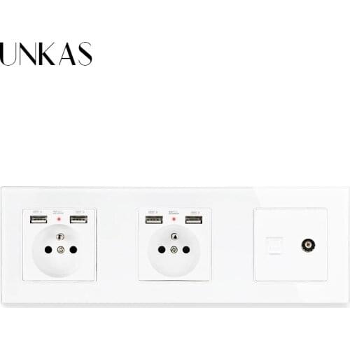 UNKAS Glass Panel Dual French Standard Socket With 4 USB Charging Port + TV Television Connector RJ11 Telephone Jack 258mm*86mm