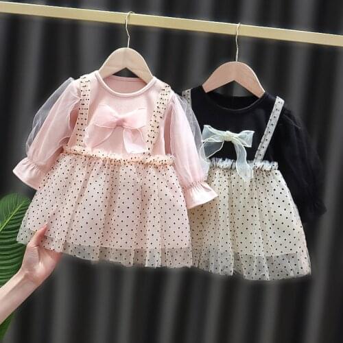 Spring Infant Baby Girls Puff Long Sleeve Polka Dot Dress for Girls Princess Cute Bow Lace Tutu Dress Toddler Girls Clothes 2021