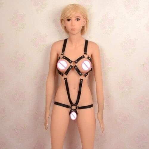 Full Body Harness Fetish PU Leather Bondage Bodysuit Erotic Open Bust Crotchless Restraint Catsuit Sexy Lingerie For Women