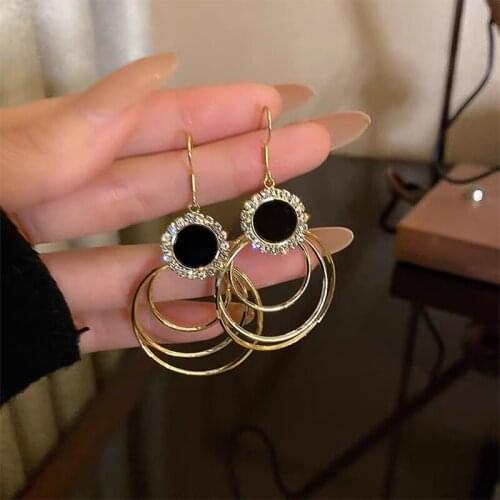YAOLOGE 2021 New Black Round Rhinestone Drop Earrings Vintage Alloy Earrings Brincos For Women Fashion Jewelry Ear Accessories