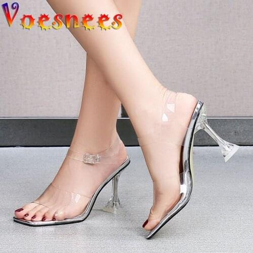 2021 New Sexy Entire Transparent Crystal Women Shoes Square Fashion End Hoof Heel Sandals Summer Ankle Metal Buckled High Heels