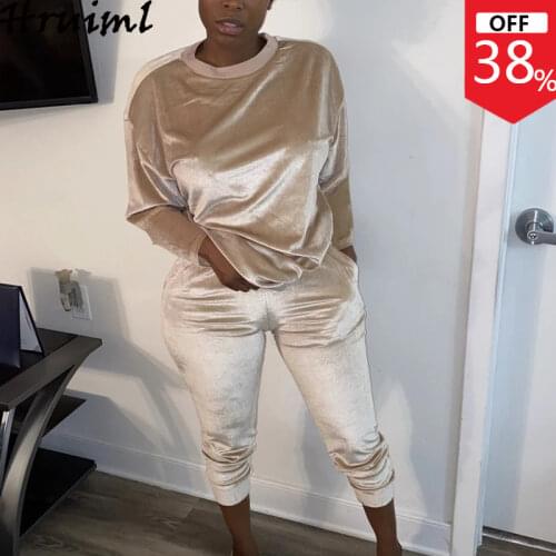 2 Piece Set Women Velvet Tracksuit Autumn Casual Loose Long Sleeve Tops Full Length Pants Joggers Women Set Solid Streetwear