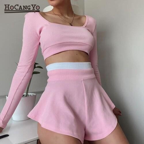 Summer Women Casual Tracksuit Long Sleeve Short Skirts Set Skinny Crop Tops and Loose Mini Skirt Ladies Two Piece Set Outfits