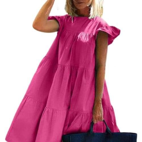 2021 Summer Women Dress Round Neck Short Sleeve Solid Color Summer Loose Midi Dress for Daily Life Summer Loose Midi Dress