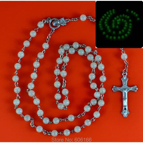 12x glow in dark Rosary Beads INRI JESUS Cross Crucifix Pendant Necklace Catholic Fashion Religious jewelry Wholesale