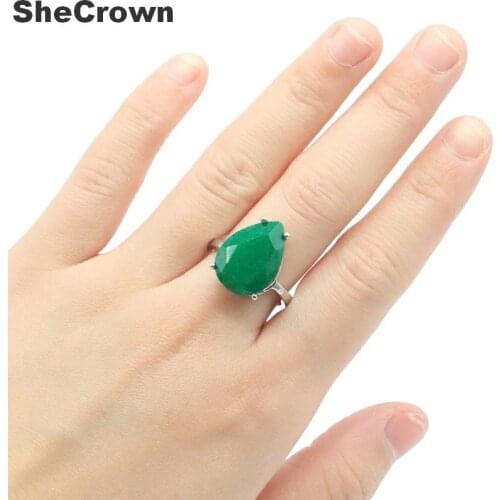 18x13mm SheCrown Hot Sell Water Drop Shape 18x13mm Real Green Emerald Gift For Ladies Silver Rings
