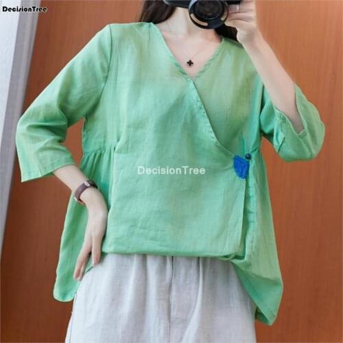 2021 traditional chinese women tang suit tops retro printing daily cheongsam qipao cotton linene chiffon blouse floral shirt