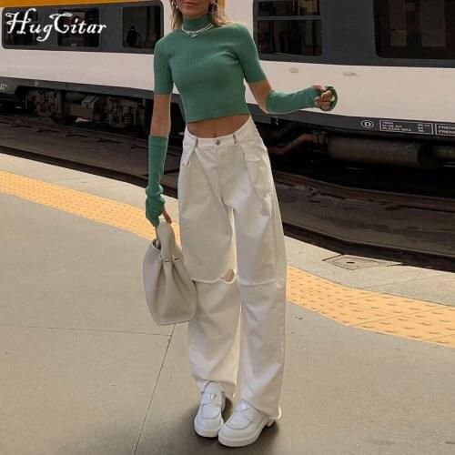 Hugcitar 2021 High Waist Y2K Solid Hold Pockets Zip Up Botton Loose Cargo Pants Summer Women Fashion Streetwear Lounge Wear