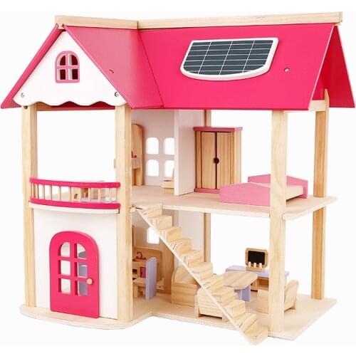 Pink Princess Doll Room Villa Wood House Cabin Play House DIY Educational Assembly Wooden Toys