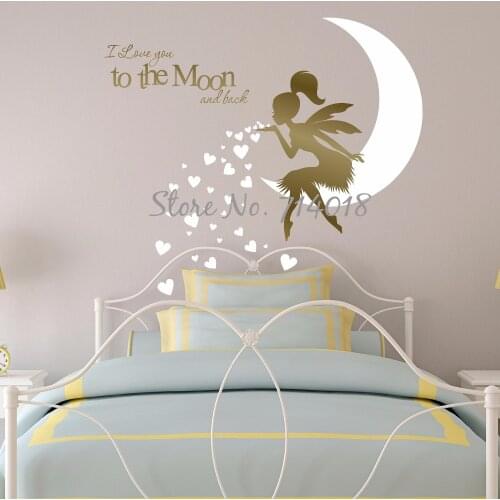 Kids Wall Sticker Fairy, Newest Fairy Wall Decal with Blowing Heart Kisses I Love you to the Moon and Back Vinyl Wall Decor A934