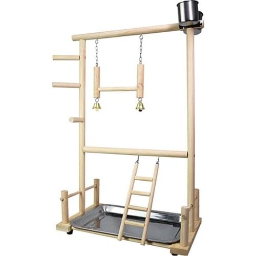Parrots Playground,Natural Wooden Parrot Perch Gym Play Stand Parakeet Ladders with Feeder Cups and Toys Exercise Play