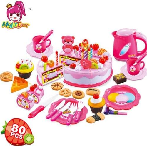 80Pcs Kitchen Toys Pretend Play Cutting Birthday Cake Food Toy Kitchen For Children Cocina De Juguete Plastic Play Food Tea Set