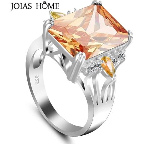 JoiasHome925 Silver Ring Korean Simple Miniature Square Champagne Zircon Women Wedding Gift Size 6-10