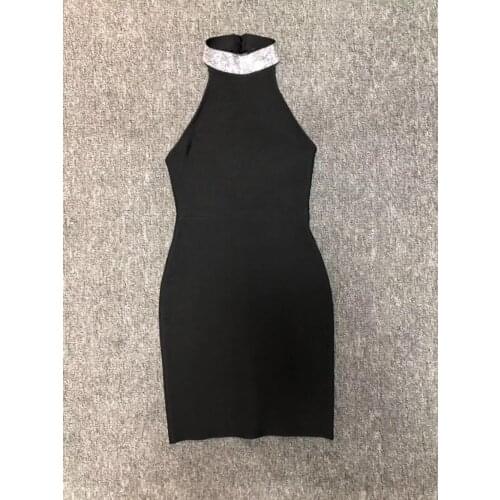 Wholesale 2019 New Dress Black Sleeveless Bright Rinestones Perspective Sexy Cocktail Party Bandage Dresses