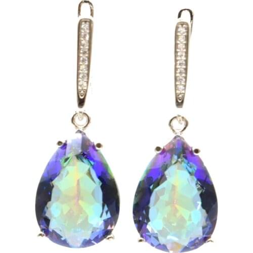 35x13mm SheCrown Jewelry Set 18x13mm Drop Created Fire Rainbow Blue Mystic Topaz For Sister Silver Pendant Earrings