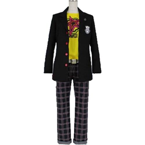 Persona 5 Ryuji Sakamoto Cosplay Costume High School Uniform Students Clothes Black Coat+Pants+Yellow Shirt 11