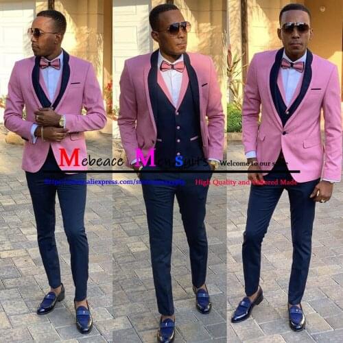Pink Navy Blue Men Suits Slim Fit Tuxedos Costume Homme Wedding Groom 3 Pcs Prom Blazers (Jacket+Pant+Vest) Terno Masculino