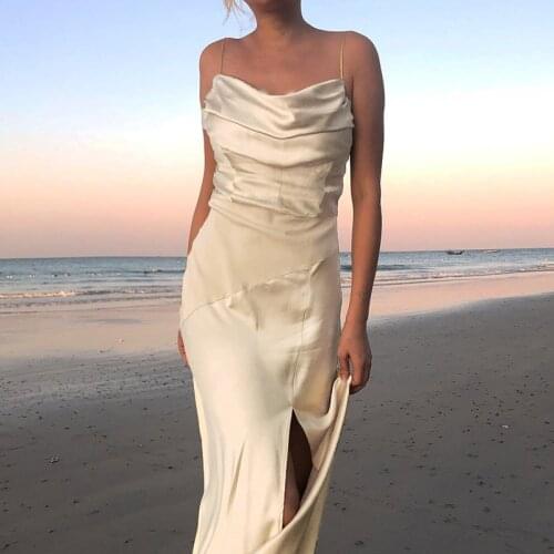 Missnight Maxi Dress Satin High Split Summer Long Slip Dress Patchwork Elegant Sexy Party Dresses Slim Fashion Ladies Vestidos