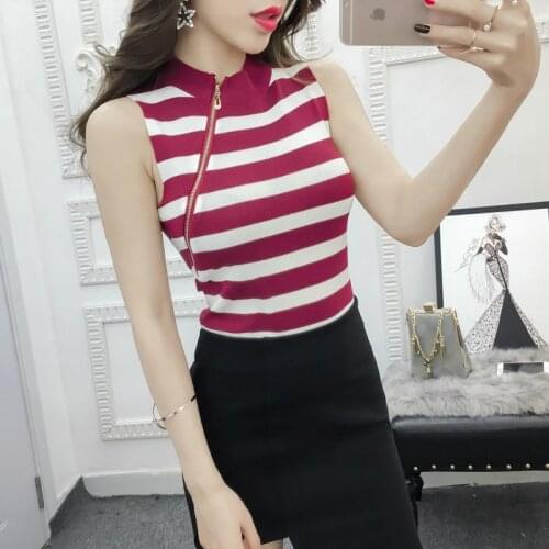 Girls Fashion Sheath Chic Zipper Slim Sleeveless T shirts Tanks Camis Top Ladies Striped Tops For Women