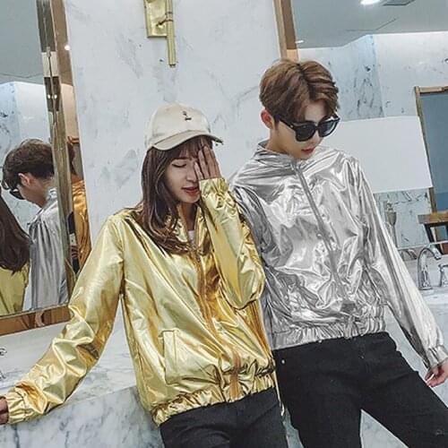 Gold jacket men casual clothes Rock Hip hop Couple Hot stamping Silver Standing collar casaco masculino mens jackets and coats