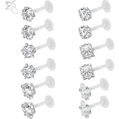 ZS 10-12Pcs/lot 16G Clear Bioflex CZ Crystal Labret Monroe Lip Ring Set Ear Helix Tragus Cartilage Earring Stud Piercing Jewelry