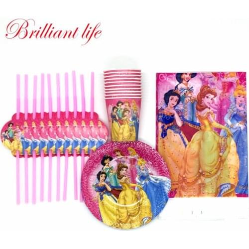 Disney Six Princess Theme 31pcs/lot Cartoon Tableware Set Kids Birthday Party Decoration Paper Cup Plate Straw Tablecloth Supply