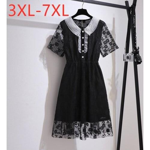 New 2021 Ladies Summer Plus Size Midi Dress For Women Large Short Sleeve Slim Retro Black Lace Pleated Dress 3XL 4XL 5XL 6XL 7XL