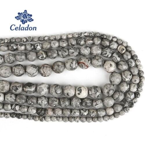 Wholesale Faceted Natural Stone Grey Map Loose Round Beads For Jewelry Making DIY Bracelet Necklace 4 6 8 10 mm Strand 15