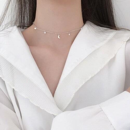 Silver Plated Moon Star Zircon Pendant Necklace Bohemian Womens Simple Short Necklace Popular Student Accessories Birthday Gift