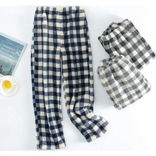 Mens autumn and winter velvet warm pajama pants thick plaid loose home flannel trousers plus size with pockets sleep bottoms