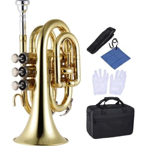 Professional Pocket Trumpet Tone Flat B Bb Brass Wind Instrument with Mouthpiece Gloves Cloth Brush Grease Hard Case
