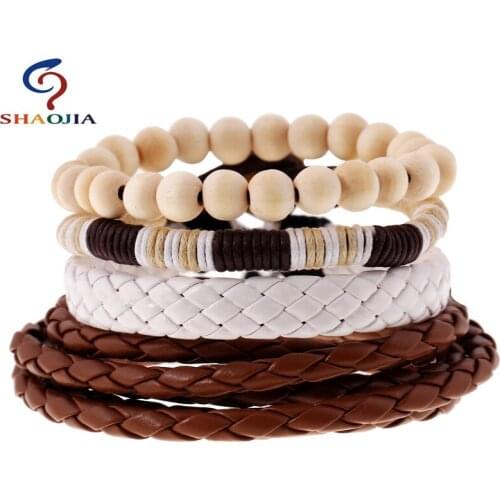 Hot Sales! Men Jewelry Adjustable Khaki Pu Leather Wood beads Wrap Weaving Bracelets Multilayer Chain Women Mens Bracelet