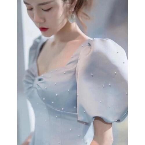 Luxury princess bubble sleeve baby blue beading fairy court ball gown royal Medieval Renaissance Victorian dress Belle ball