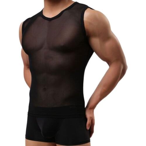 Sexy Men Plus Size Mesh Transparent Tank Top See Through Vest Male Hot Underwear Lingerie Sleep Wear Gay Wear F18