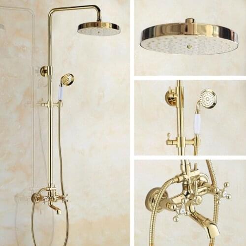 Shower Faucets Gold Brass Bathroom Shower Mixer Tap Faucet Set Rain Shower Head Round Wall Mounted Bathtub Faucet agf355