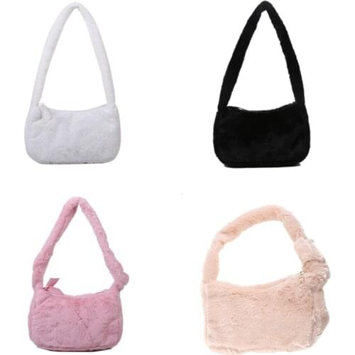 Top Handle Satchel Tote Purse with Zipper Fuzzy Handbag Faux Fur Purse for Women