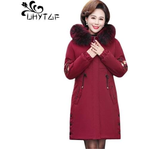 UHYTGF New Mother Winter Coat Down Cotton Casual Warm Parker Female Outerwear Fur Collar Hooded Cold-Proof Plus Size Jacket 1072