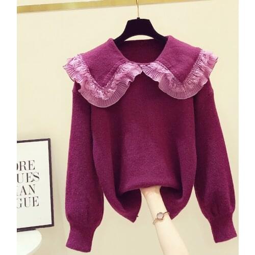 Vintage Sweater Womens Knitted Shirt 2020 Autumn and Winter New Loose Sweaters Sweet Lace Stitching Pullover Femme Knitting Top