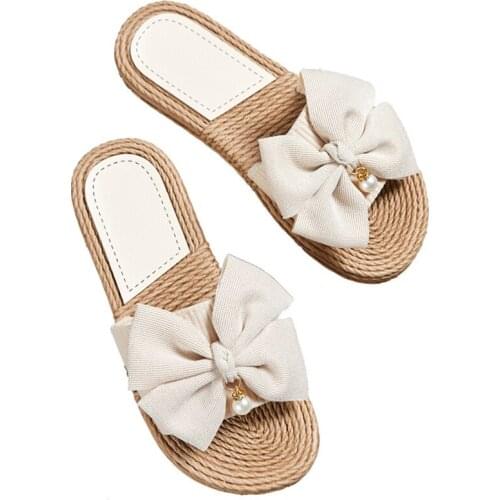 Women Flax Slippers Summer Casual Beach Shoes Ladies Indoor Slippers Bohemia Floral Bow Pearl pendant Flip Flops Sandals hy439
