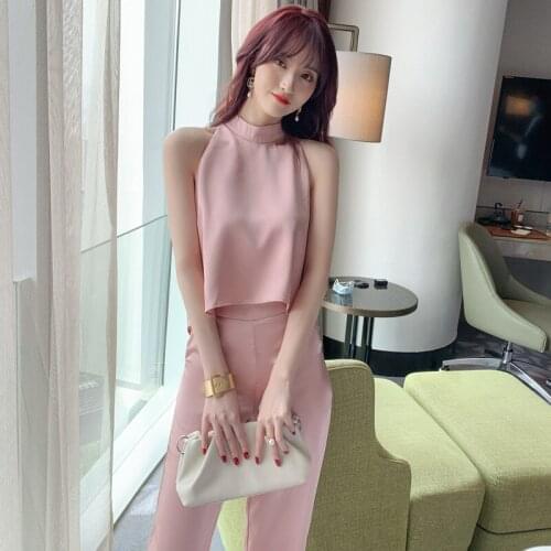New arrival fashion office lady set for women summer sleeveless elegant simple pink temperament pants and top two piece sets