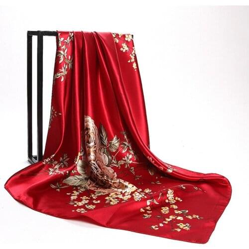 Women Silk Square Scarf New Fashion Roses Flower Print Scarves Brand Beach Shawl Wraps Satin Head Hijab 90cm*90cm