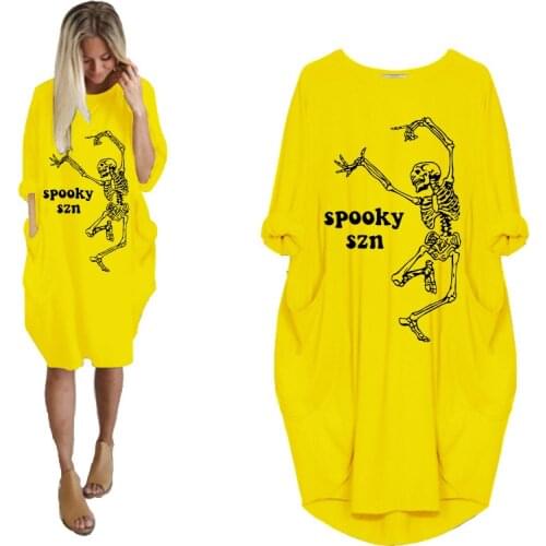 Women Autumn Winter Oversized Midi Dress O Neck Long Sleeve Pocket Spooky Szn And Skull Print Vintage Casual Loose Dresses Robe