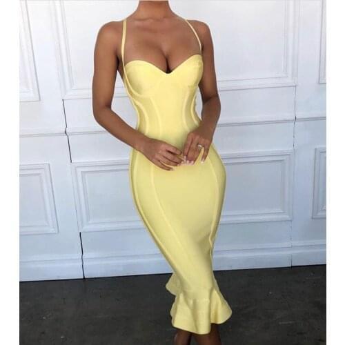 Womens high quality pink yellow knee-length rayon sling tube top halter solid color bandage evening elegant dress 2021 summer