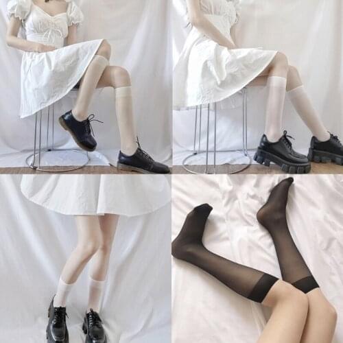 066C Women Summer Transparent Silky Calf Socks Classic Retro Simple Solid Color Japanese Lolita Sheer Knee High Stockings