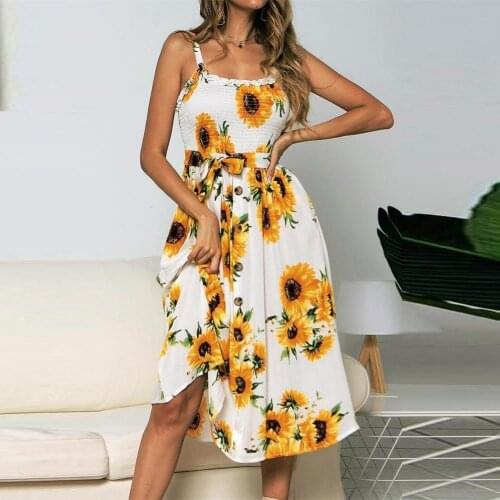 50% Hot Sales Fashion Women Summer Floral Print Button Bohemia Style Beach Holiday Sling Dress